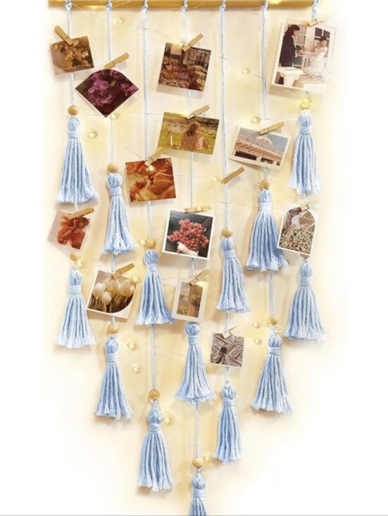 Homecor Other - Bohemian Blue Cotton Yarn Tassel Garland Wall Art Wooden Beads LED Light Sz 43"